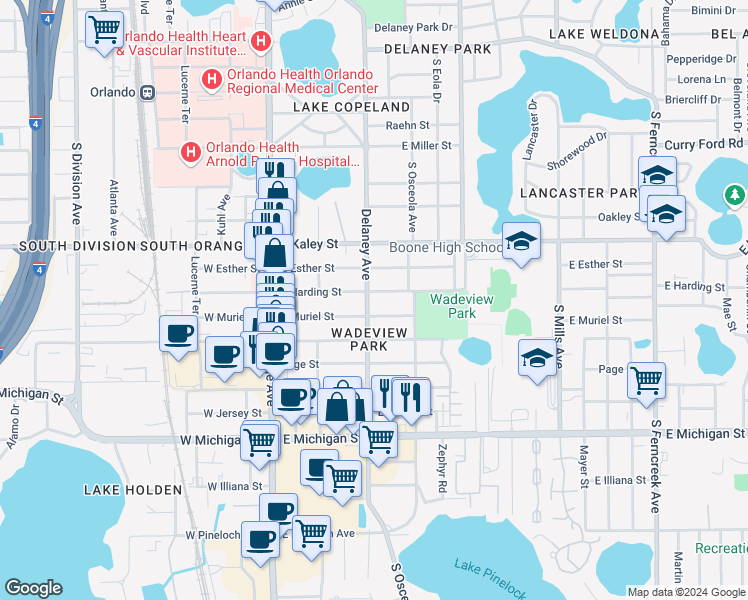 map of restaurants, bars, coffee shops, grocery stores, and more near 2107 Delaney Avenue in Orlando