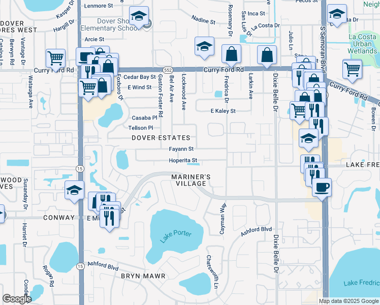 map of restaurants, bars, coffee shops, grocery stores, and more near 5226 Fayann Street in Orlando