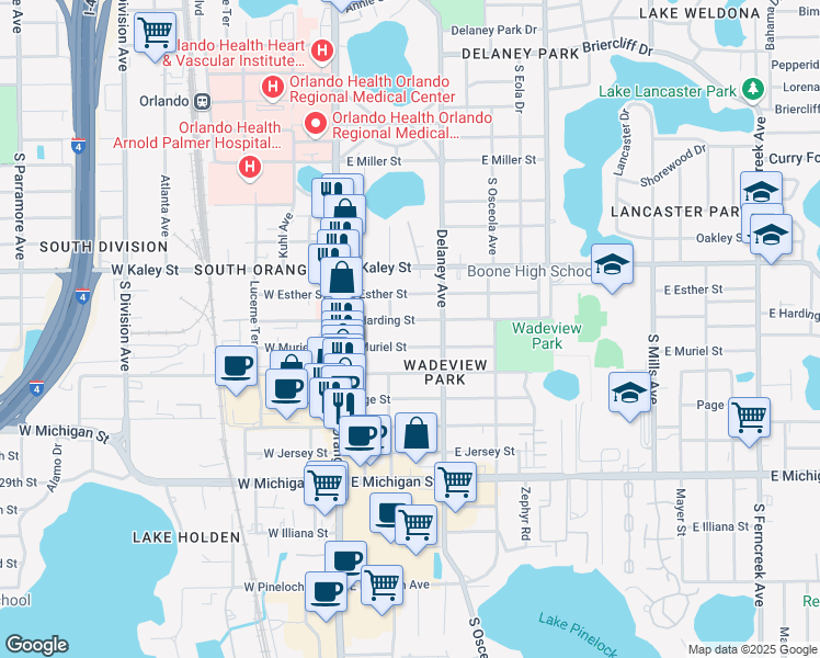 map of restaurants, bars, coffee shops, grocery stores, and more near 218 East Harding Street in Orlando