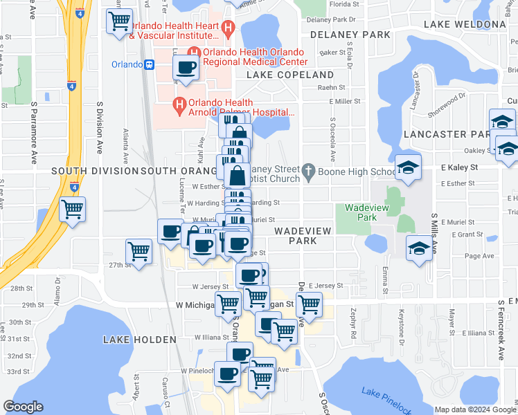 map of restaurants, bars, coffee shops, grocery stores, and more near 134 East Harding Street in Orlando