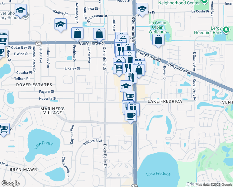 map of restaurants, bars, coffee shops, grocery stores, and more near 2041 Dixie Belle Drive in Orlando