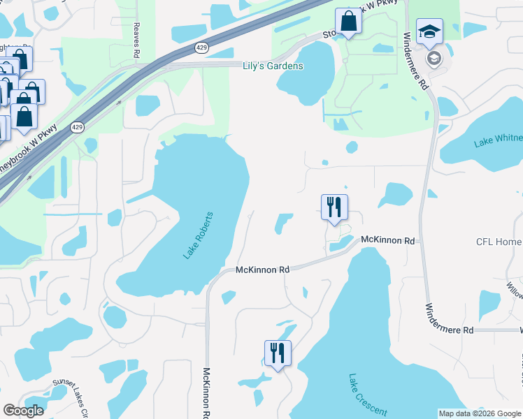 map of restaurants, bars, coffee shops, grocery stores, and more near 1711 Lake Roberts Court in Windermere