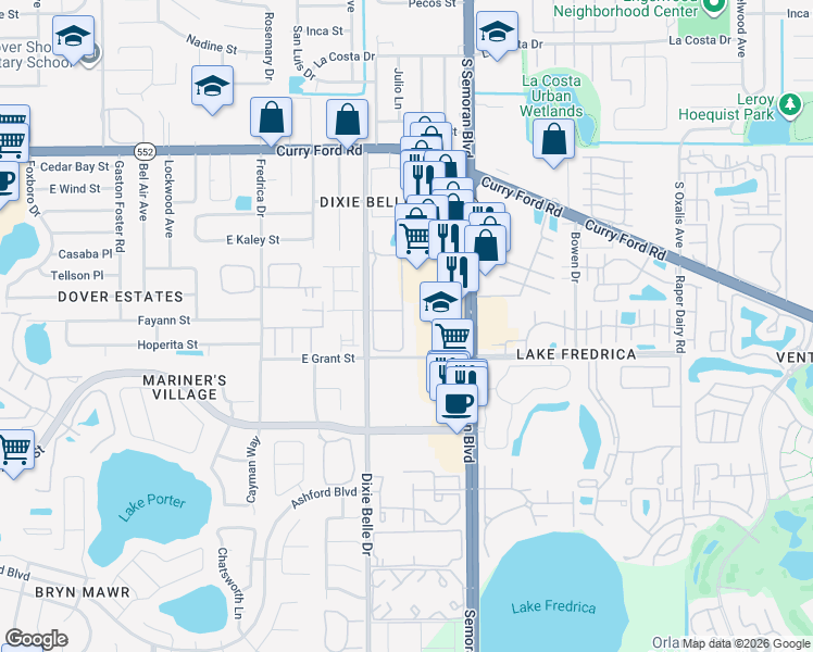 map of restaurants, bars, coffee shops, grocery stores, and more near 2041 Dixie Belle Drive in Orlando