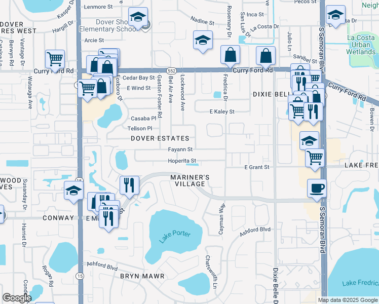 map of restaurants, bars, coffee shops, grocery stores, and more near 5226 Fayann Street in Orlando