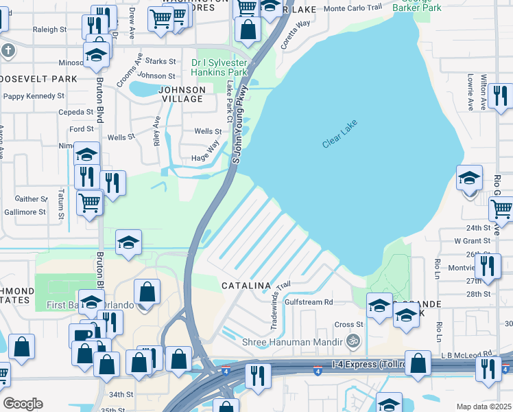 map of restaurants, bars, coffee shops, grocery stores, and more near 2309 Lauderdale Court in Orlando