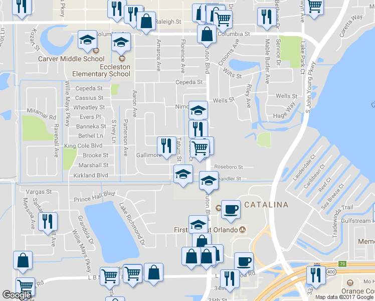 map of restaurants, bars, coffee shops, grocery stores, and more near 2102 Liston Court in Orlando