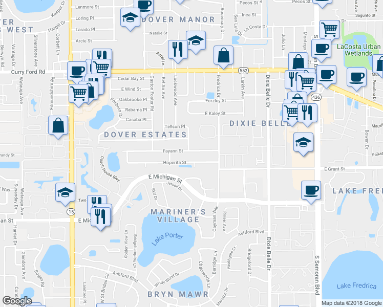 map of restaurants, bars, coffee shops, grocery stores, and more near 5226 Fayann Street in Orlando