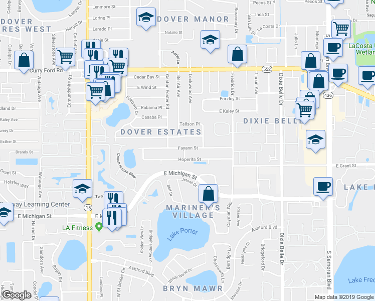 map of restaurants, bars, coffee shops, grocery stores, and more near 5126 Fayann Street in Orlando