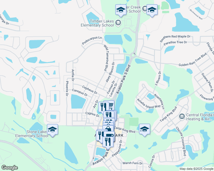 map of restaurants, bars, coffee shops, grocery stores, and more near 2557 Abey Blanco Drive in Orlando
