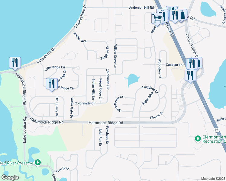 map of restaurants, bars, coffee shops, grocery stores, and more near 11721 Chapelle Court in Clermont