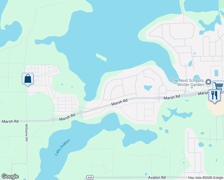 map of restaurants, bars, coffee shops, grocery stores, and more near Turtle Hatch Drive in Winter Garden