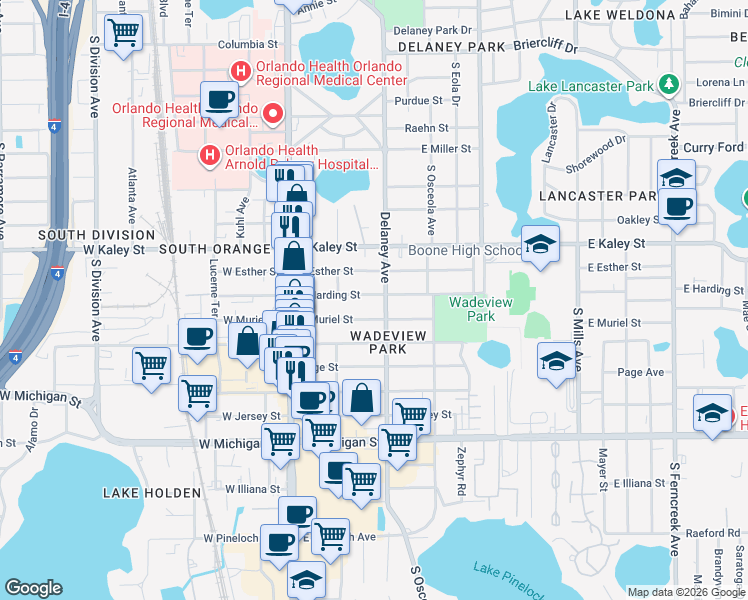 map of restaurants, bars, coffee shops, grocery stores, and more near 218 East Harding Street in Orlando