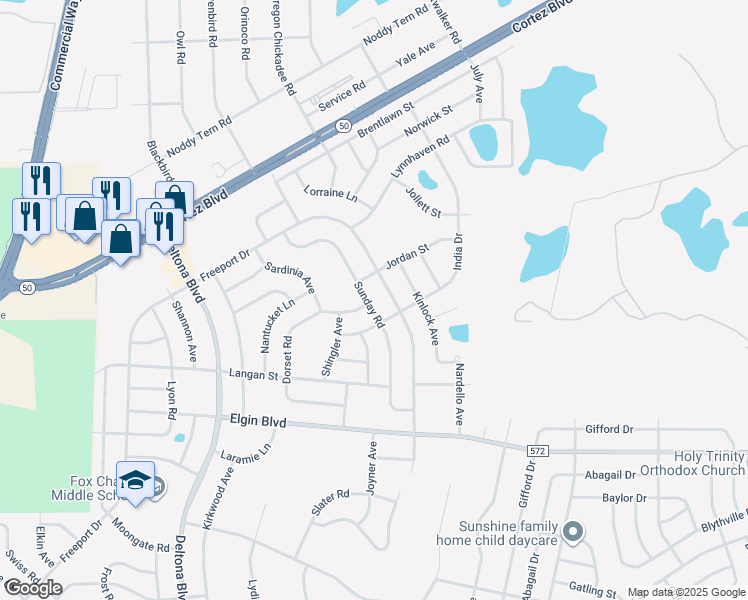 map of restaurants, bars, coffee shops, grocery stores, and more near 6158 Sunday Road in Spring Hill