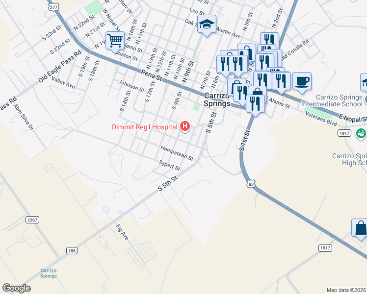 map of restaurants, bars, coffee shops, grocery stores, and more near 506 South 7th Street in Carrizo Springs