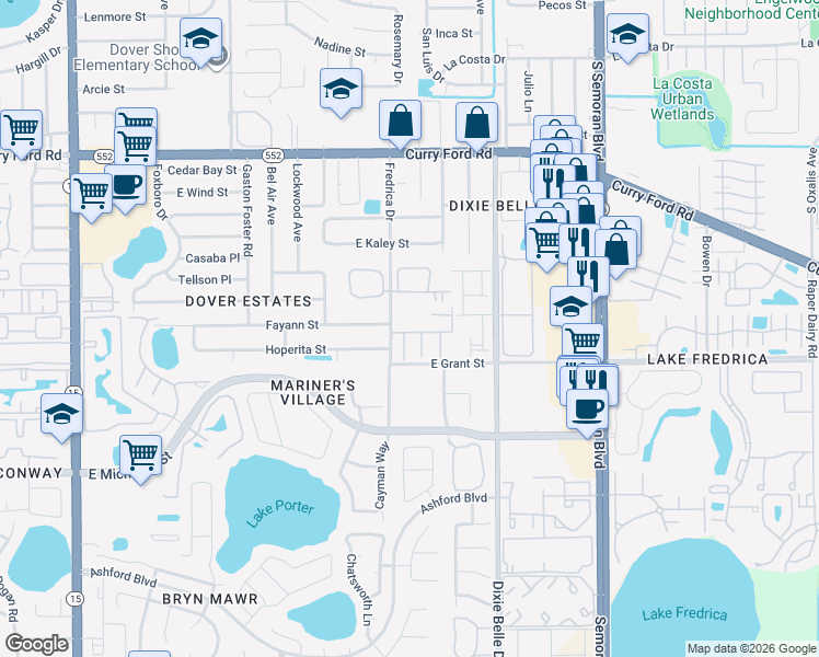map of restaurants, bars, coffee shops, grocery stores, and more near 5343 Emerald Isle Drive in Orlando