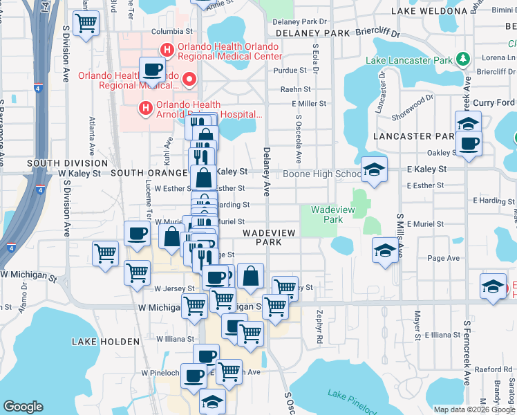 map of restaurants, bars, coffee shops, grocery stores, and more near 218 East Harding Street in Orlando