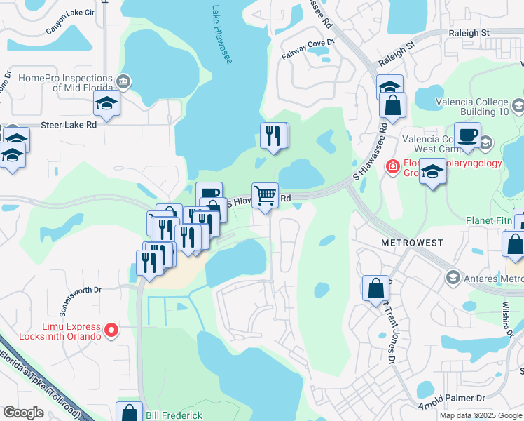 map of restaurants, bars, coffee shops, grocery stores, and more near 2121 South Hiawassee Road in Orlando
