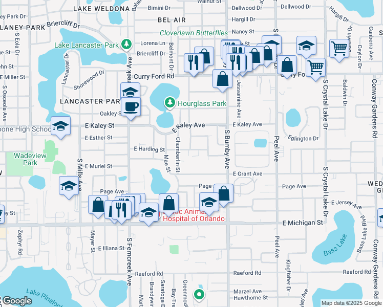 map of restaurants, bars, coffee shops, grocery stores, and more near 2002 East Harding Street in Orlando