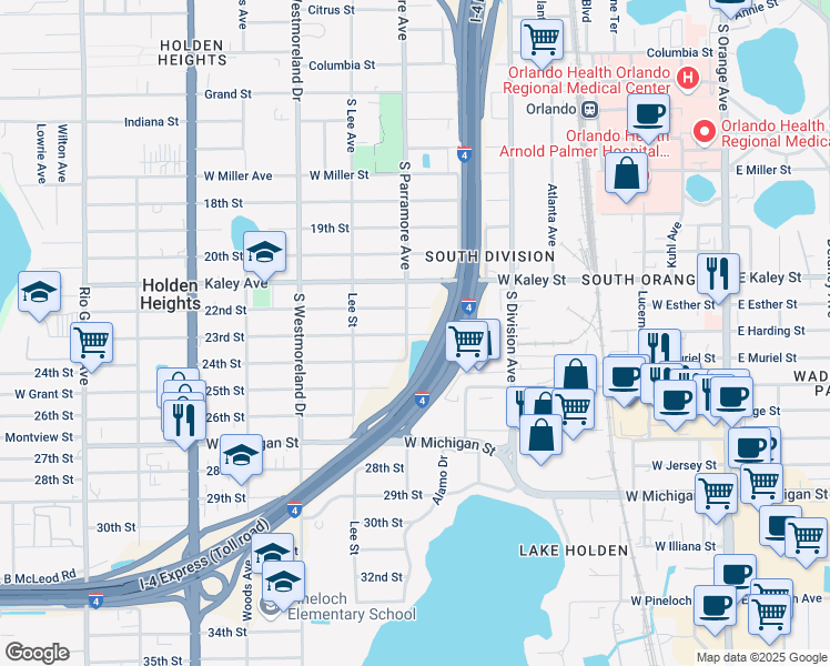 map of restaurants, bars, coffee shops, grocery stores, and more near 641 Harding Street in Orlando