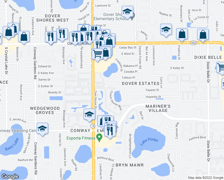map of restaurants, bars, coffee shops, grocery stores, and more near 2210 Coach House Boulevard in Orlando