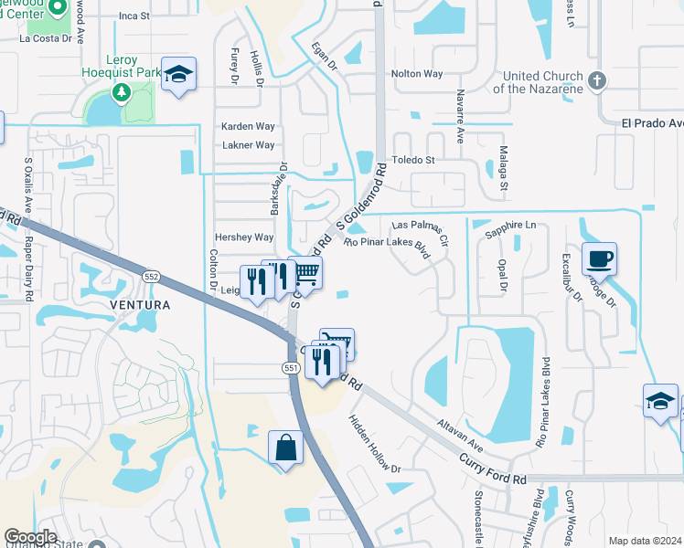 map of restaurants, bars, coffee shops, grocery stores, and more near 2143 South Goldenrod Road in Orlando