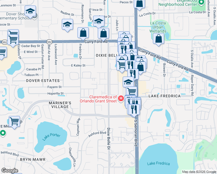 map of restaurants, bars, coffee shops, grocery stores, and more near 2211 Faxton Court in Orlando