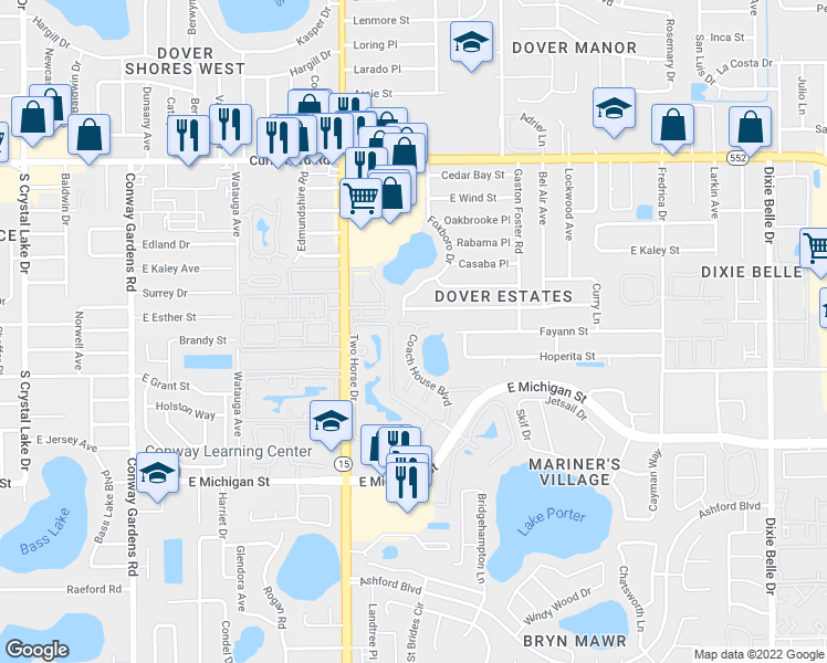 map of restaurants, bars, coffee shops, grocery stores, and more near 2210 Coach House Boulevard in Orlando