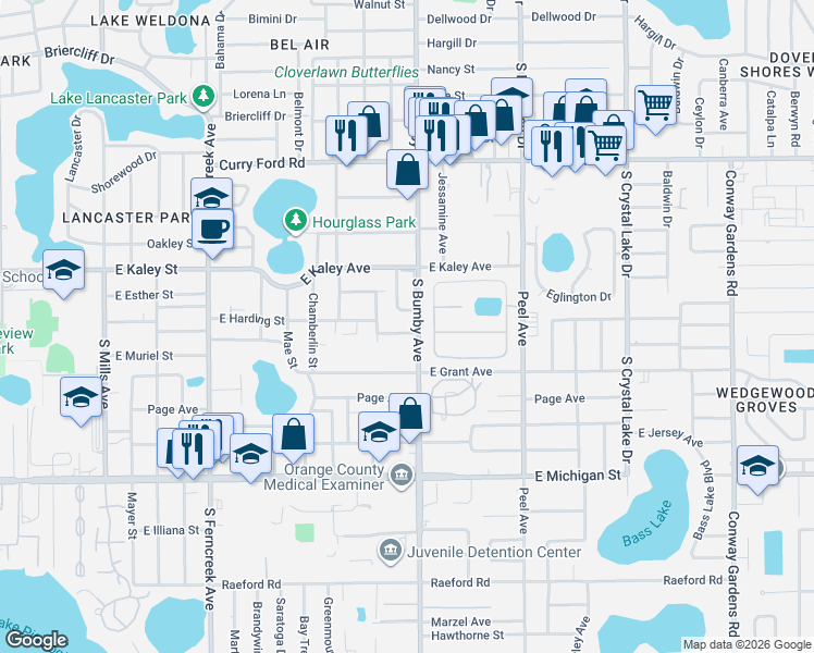 map of restaurants, bars, coffee shops, grocery stores, and more near 2222 East Harding Street in Orlando