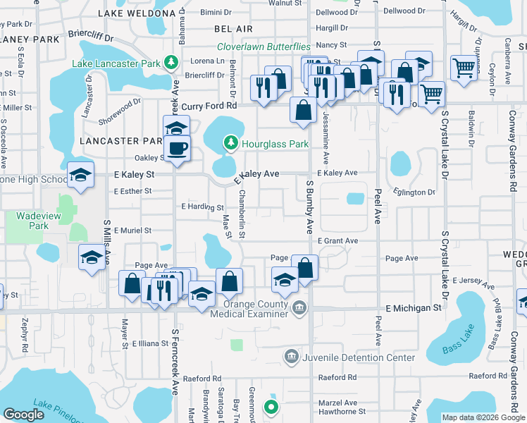 map of restaurants, bars, coffee shops, grocery stores, and more near 2016 East Harding Street in Orlando