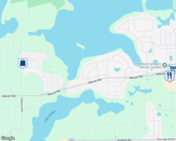 map of restaurants, bars, coffee shops, grocery stores, and more near 16836 Broadwater Avenue in Winter Garden