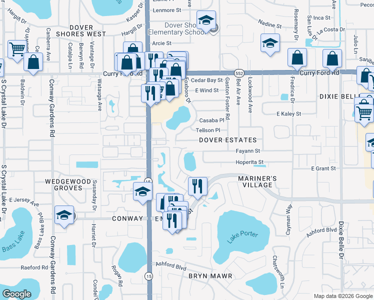 map of restaurants, bars, coffee shops, grocery stores, and more near 2272 Sofia Lane in Orlando