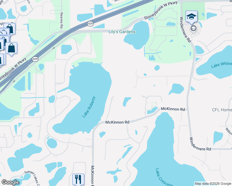 map of restaurants, bars, coffee shops, grocery stores, and more near 1711 Lake Roberts Court in Windermere