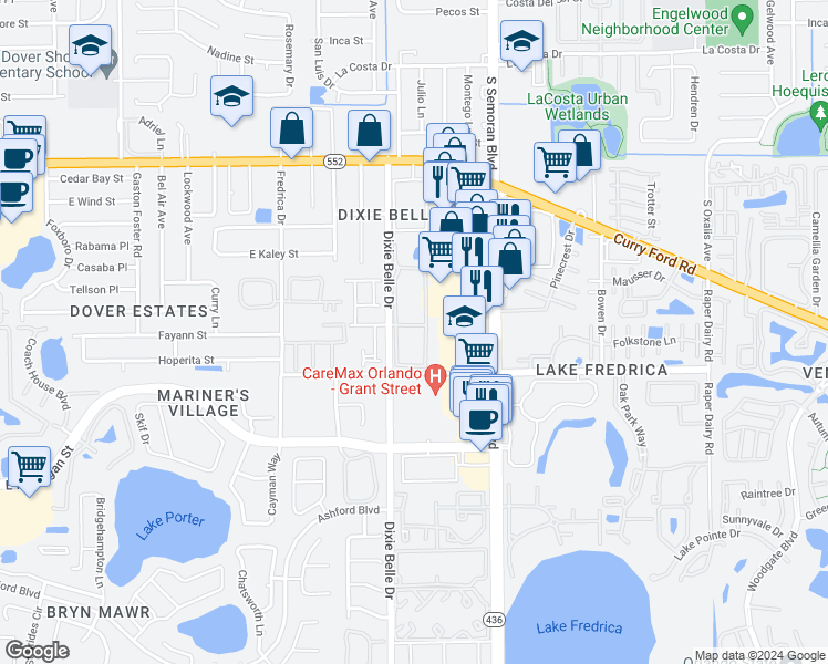 map of restaurants, bars, coffee shops, grocery stores, and more near 2041 Dixie Belle Drive in Orlando