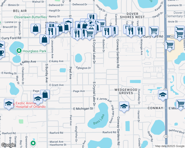 map of restaurants, bars, coffee shops, grocery stores, and more near 2108 South Crystal Lake Drive in Orlando