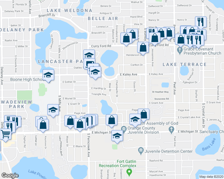 map of restaurants, bars, coffee shops, grocery stores, and more near 1980 Mae Street in Orlando