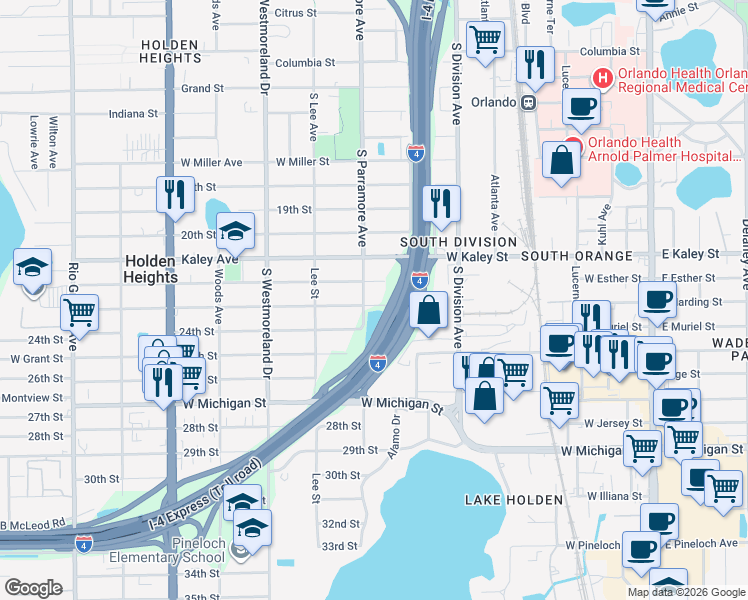 map of restaurants, bars, coffee shops, grocery stores, and more near 641 Harding Street in Orlando