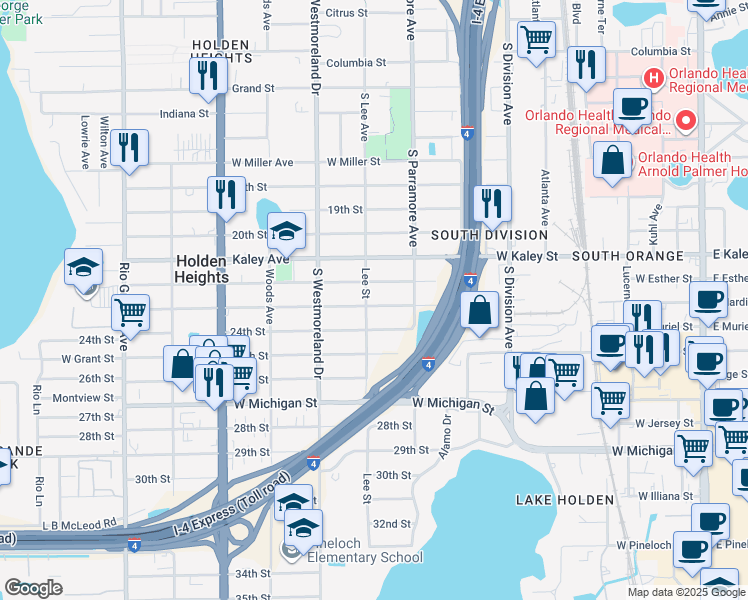map of restaurants, bars, coffee shops, grocery stores, and more near 828 23rd Street in Orlando