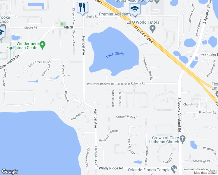 map of restaurants, bars, coffee shops, grocery stores, and more near 9693 Westover Club Circle in Windermere