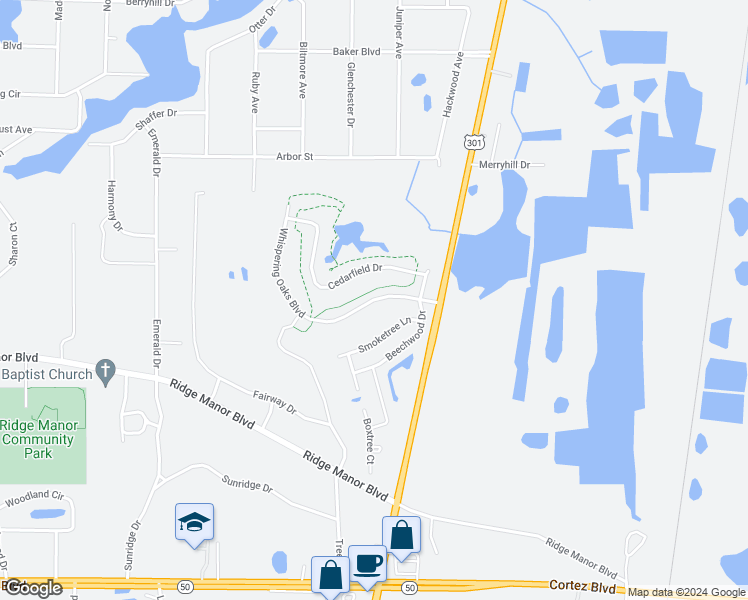 map of restaurants, bars, coffee shops, grocery stores, and more near 35093 Whispering Oaks Boulevard in Ridge Manor