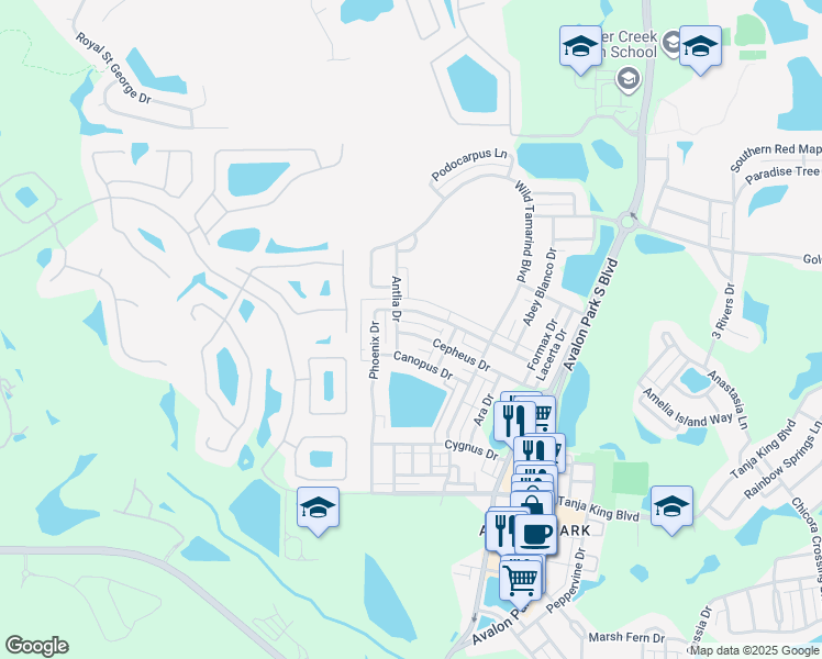 map of restaurants, bars, coffee shops, grocery stores, and more near 13632 Cepheus Drive in Orlando