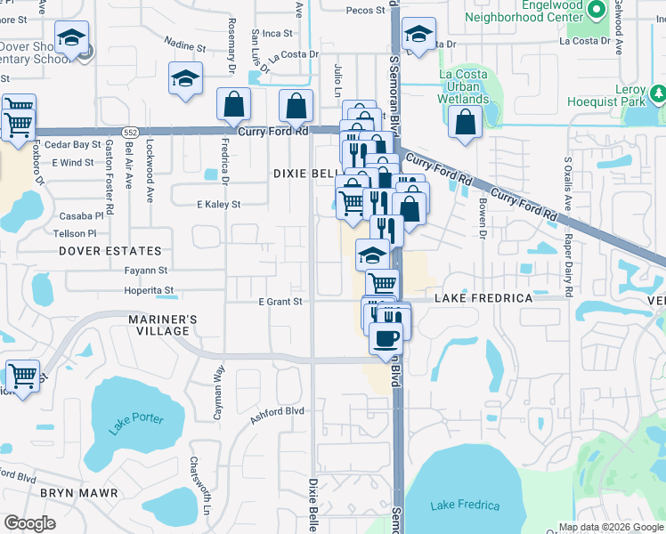 map of restaurants, bars, coffee shops, grocery stores, and more near 2031 Dixie Belle Drive in Orlando