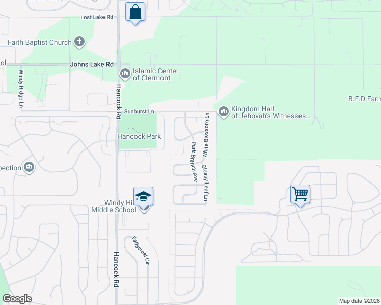 map of restaurants, bars, coffee shops, grocery stores, and more near 3248 Park Branch Avenue in Clermont