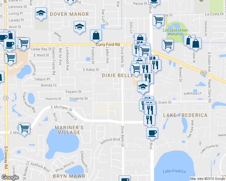 map of restaurants, bars, coffee shops, grocery stores, and more near 5404 Andover Drive in Orlando
