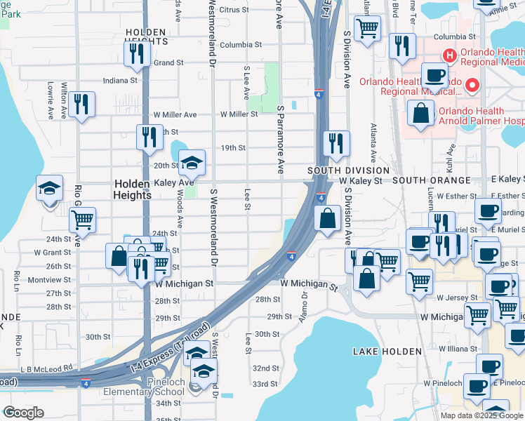 map of restaurants, bars, coffee shops, grocery stores, and more near 731 23rd Street in Orlando