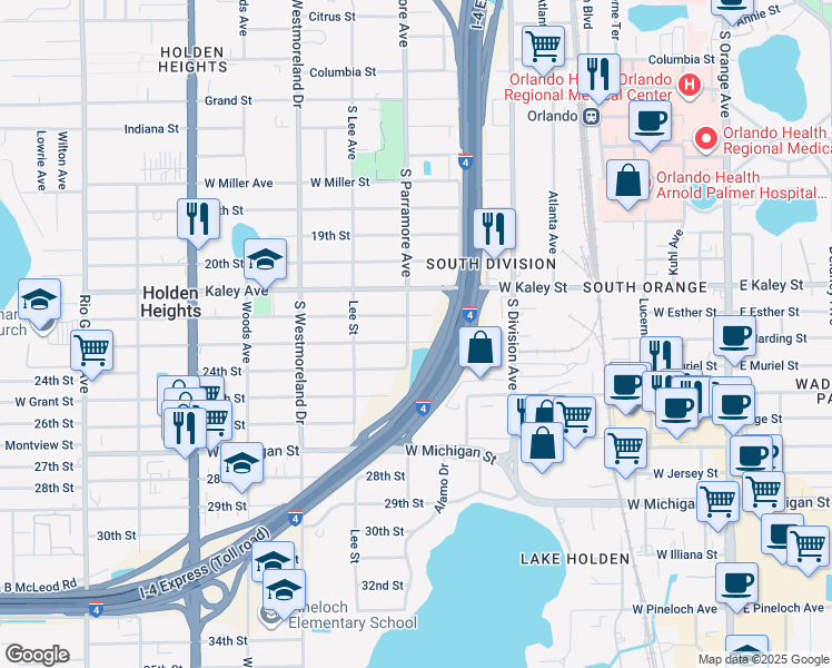 map of restaurants, bars, coffee shops, grocery stores, and more near 641 Harding Street in Orlando