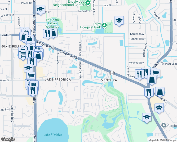 map of restaurants, bars, coffee shops, grocery stores, and more near 2548 Woodgate Boulevard in Orlando