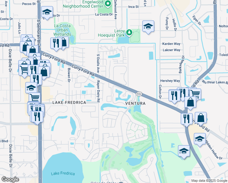 map of restaurants, bars, coffee shops, grocery stores, and more near 2548 Woodgate Boulevard in Orlando