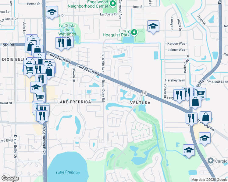 map of restaurants, bars, coffee shops, grocery stores, and more near 2548 Woodgate Boulevard in Orlando