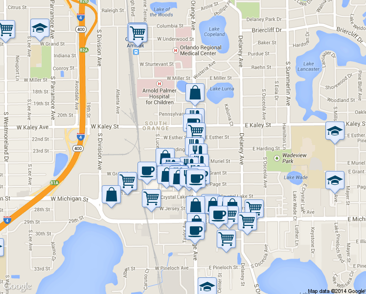 map of restaurants, bars, coffee shops, grocery stores, and more near 32 West Harding Street in Orlando