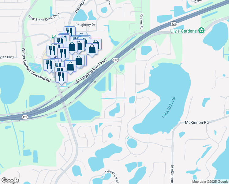 map of restaurants, bars, coffee shops, grocery stores, and more near 2106 Rickover Place in Winter Garden